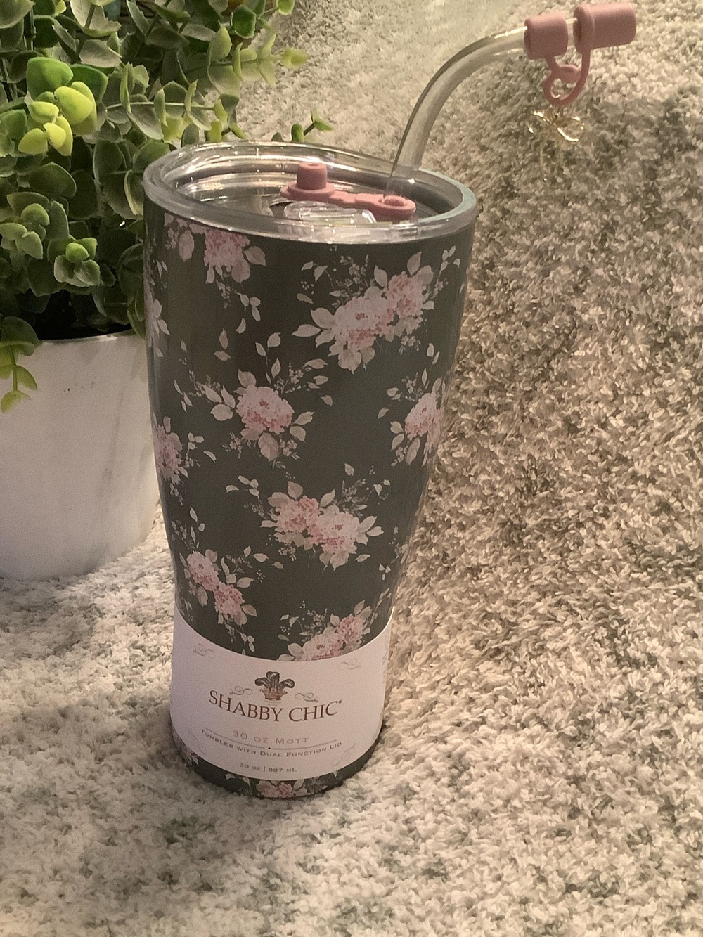 Shabby Chic Grey & Pink Floral Tumbler Dual Function Lid NWT 30oz. Core Home